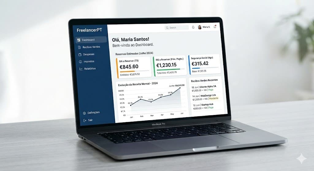 Dashboard FreelancerPT — visao geral das reservas de impostos e faturas recentes